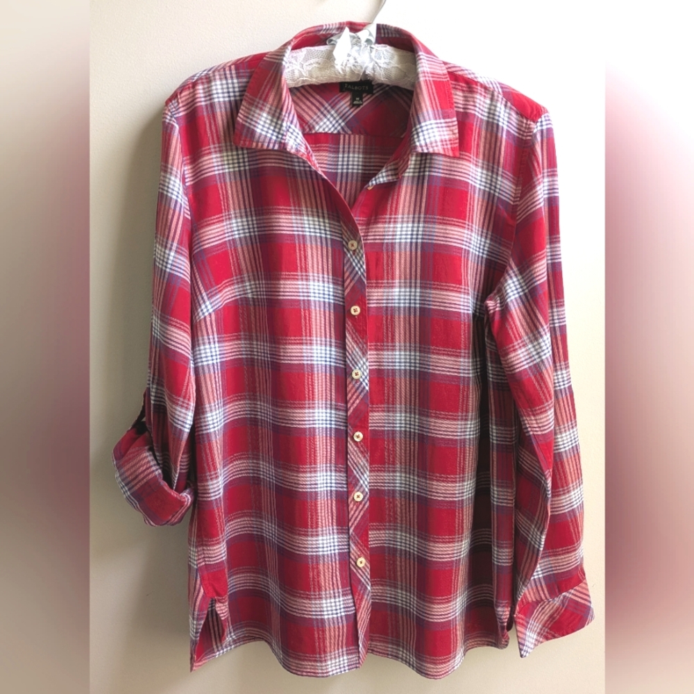 EUC....Talbots 100% Soft Cotton Red Plaid Button Down Blouse Size M